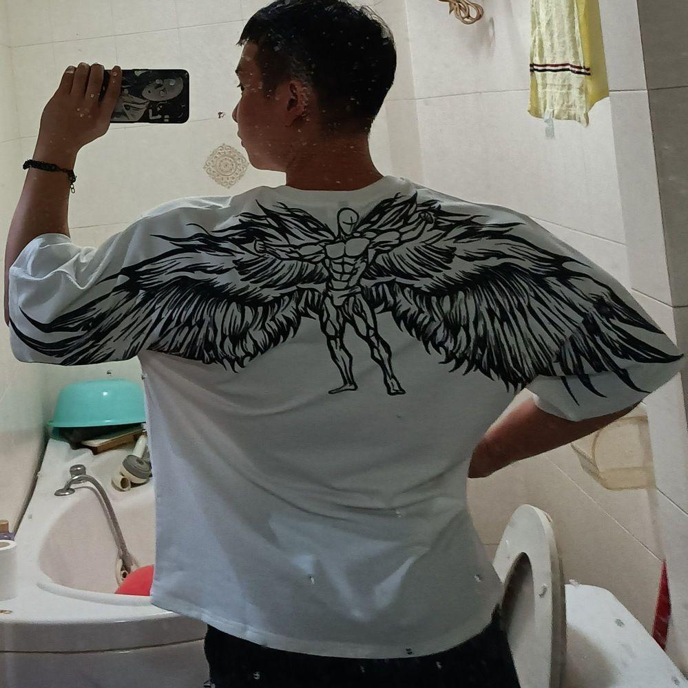 Harajuku Oversize Wing Pattern Round Neck Tshirts Мужская одежда Повседневная хип-хоп спортивная одежда с коротким рукавом Уличная одежда