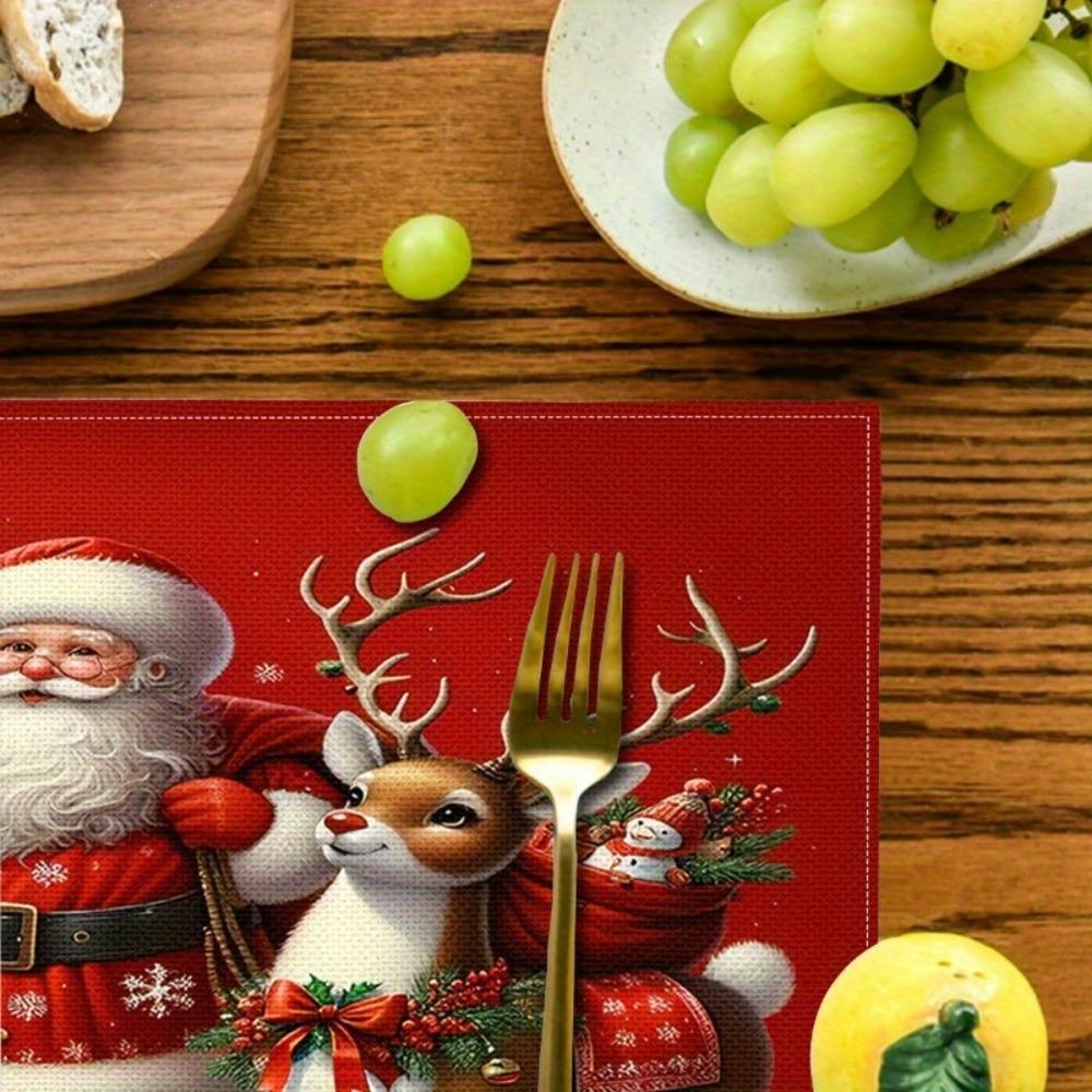 Christmas Placemats Santa Claus Reindeer Heatproof Washable Durable Linen Table Mats for Home Restaurant Party Christmas Decor