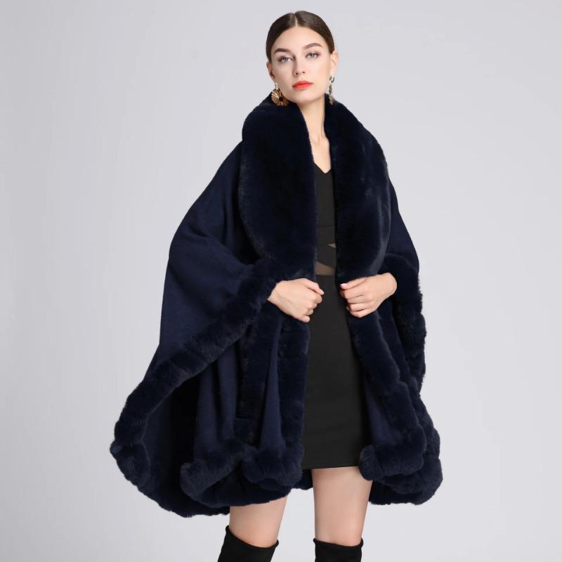 Oversize Winter Big Faux Fox Fur Neck Plus Size Poncho Out Streetwear Women Cloak Pashmina Batwing Sleeves Shawl Coat