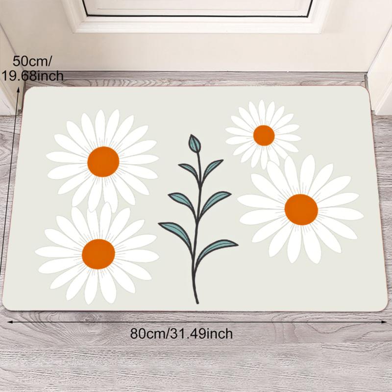 Modern Green Daisy Doormat Orange Center Flower Print Non Slip Entry Rug For Entryway Hallway And Fresh Home Decor