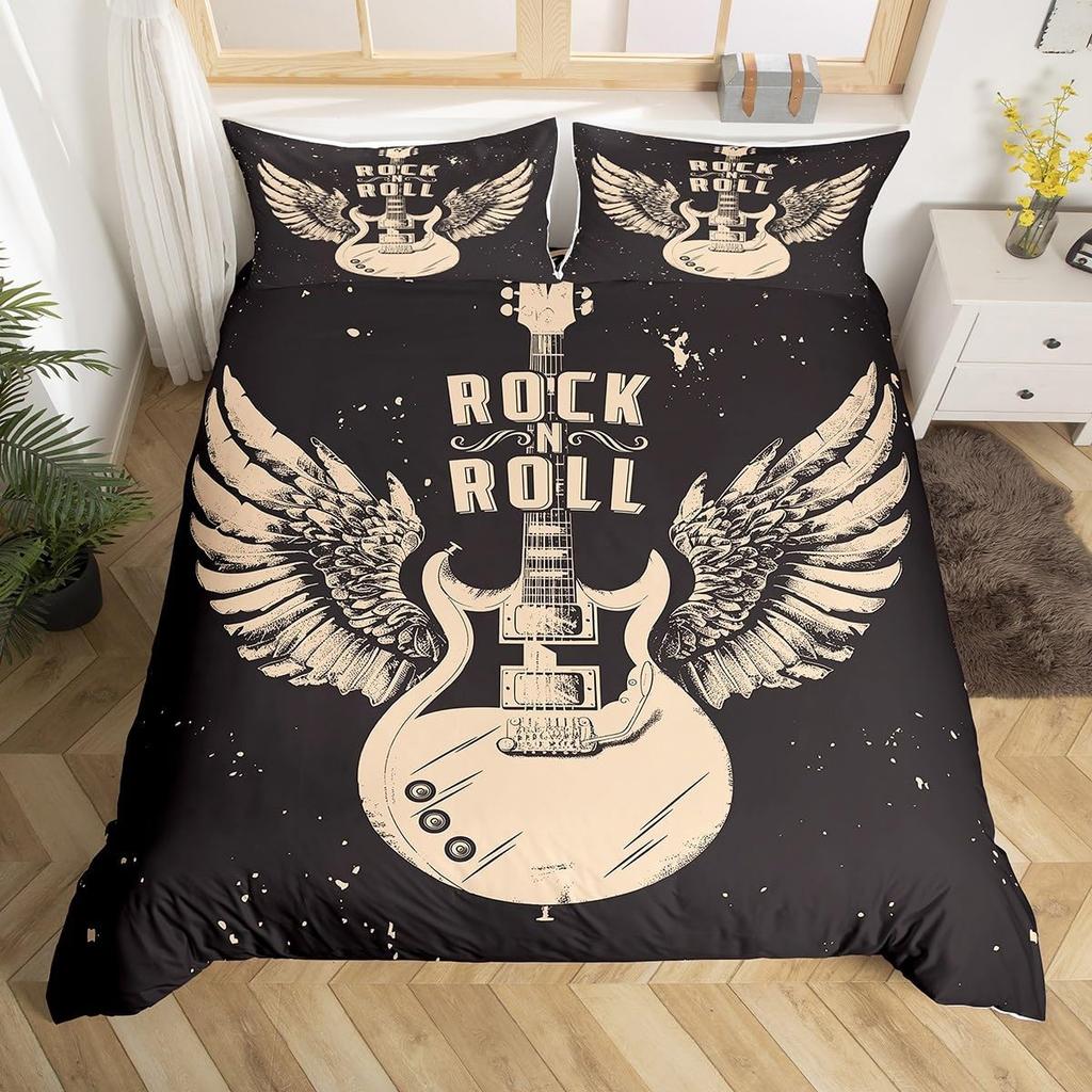 Guitar Duvet Cover Twin,Modern Music Themed Bedding Set Kids Cool Hip Pop Inspired Bed Cover,Musical Instrument Comforter Cover