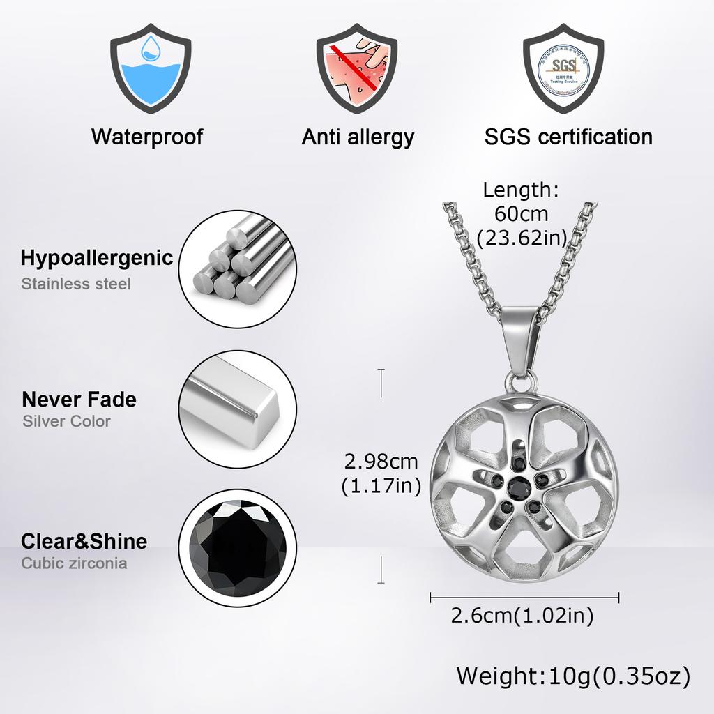 Creative Unique Wheel Hub Pendant Necklace Inlaid Cubic Zircon Stainless Steel Necklace Fashion Punk Jewelry for Men Gift