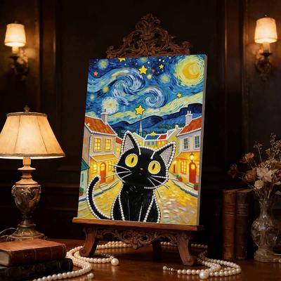 DIY Картина жемчугом «Звездная ночь» с кошкой для взрослых/новичков Подарок Декор для дома Жемчужные картины Картины Искусство и ремесла 30x40 см Без рамы