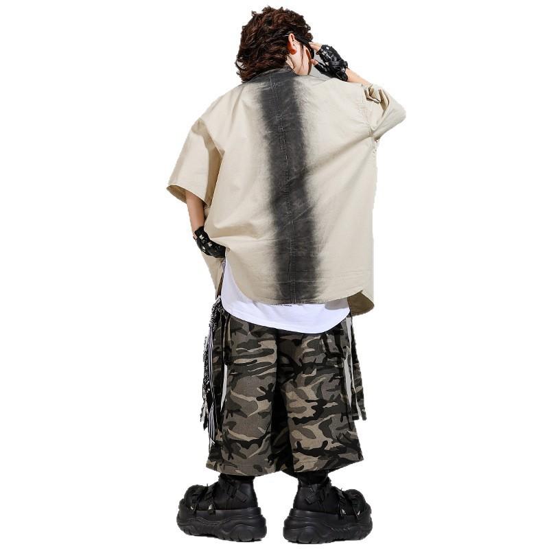 Kids Hip Hop Performance Outfit Set Cotton Shirt Camo Pants Dance Stage Show Boys Girls