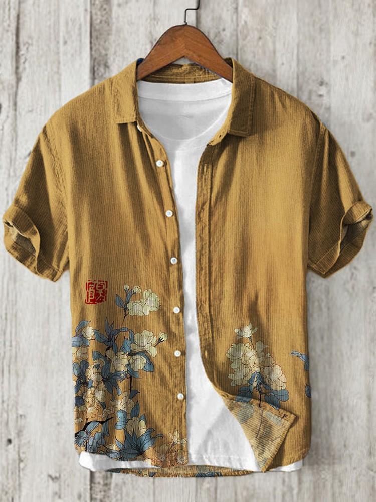 Summer men's retro ethnic style shirt linen plum blossom national bamboo 1D digital printing youth fashion trend wholesale