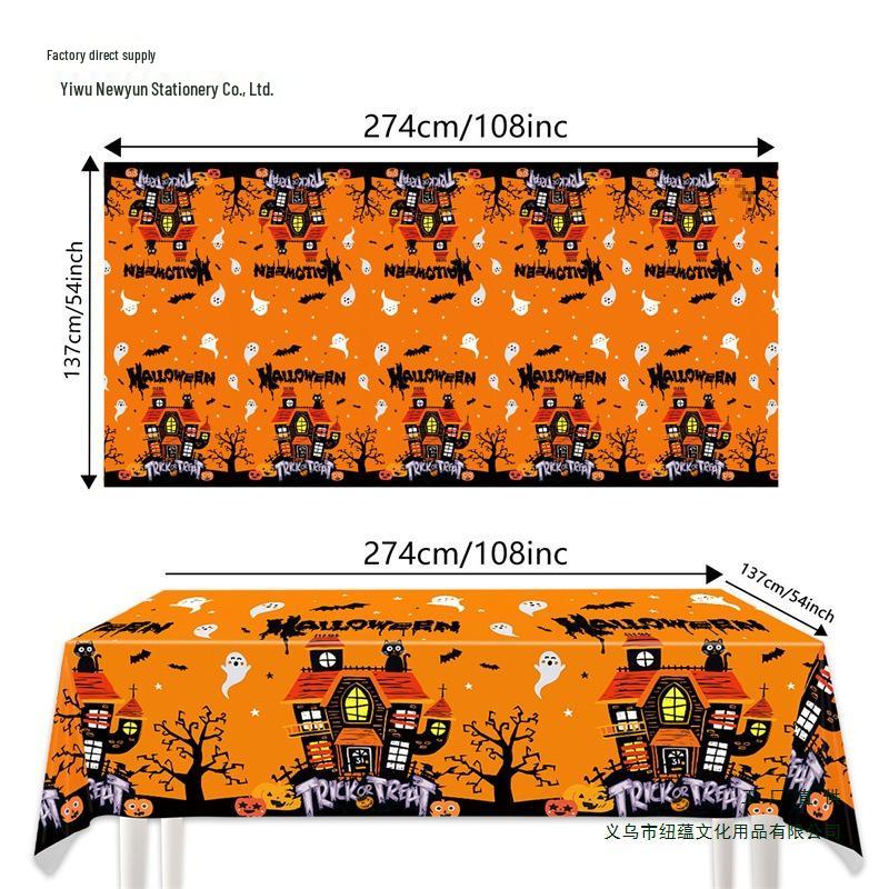 Halloween Fright Night Tablecloth: Pumpkin Ghost Castle Design, Disposable PE Material