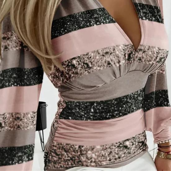 Соответствующий мягкий пуловер с длинными рукавами большого размера с V-образным вырезом и длинными глубокими рукавами в полоску и блестками, OL