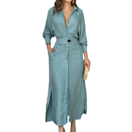 Женское платье с тонкой талией, длинными рукавами, разрезом по низу, однотонная рубашка с V-образным вырезом и лацканами