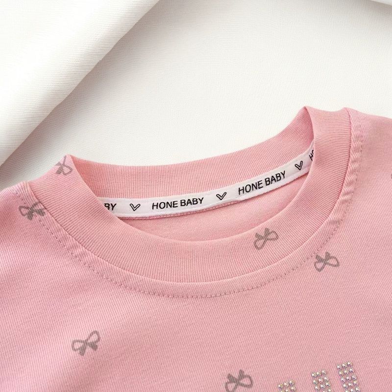 Girls' Short Sleeved Summer T-shirt Children's Clothing with Diamond Inlay Cute Casual T-shirt Fashionable Floral Pattern