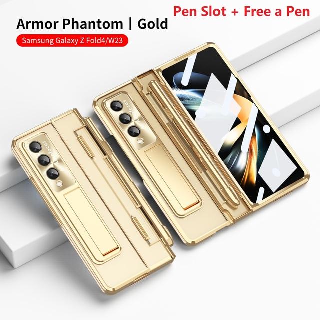 Слот для ручки Armor для Samsung Galaxy Z Fold 4 Fold 3 5g, чехол, стеклянный пленочный экран, прозрачная жесткая подставка, защитная крышка на петлях