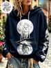 Women Fleece Lined Hoodie Moon Wildlife Water Reflection Sketch Print Long Sleeve Casual Pullover Halloween Sweatshirt
