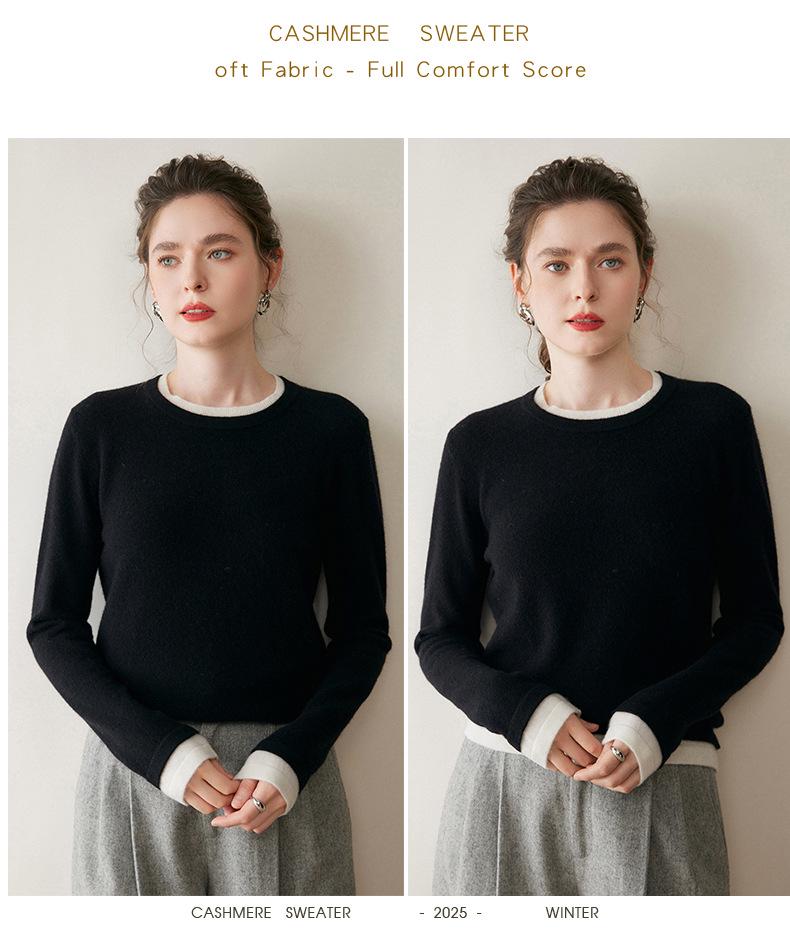 Soft & Glutinous Faux Two-Piece Cashmere Knit Sweater - Women's 2025 Autumn/Winter Round Neck Pullover