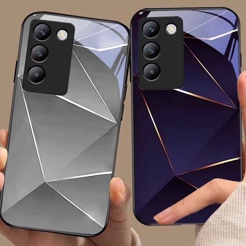 Геометрический принт Для Y72 33S 11 03 36 96 Lite 35 16 Iqoo 12 V40 SE 5G 29 40 21 30 X80 Pro Vivo Чехол для телефона из закаленного стекла Черный
