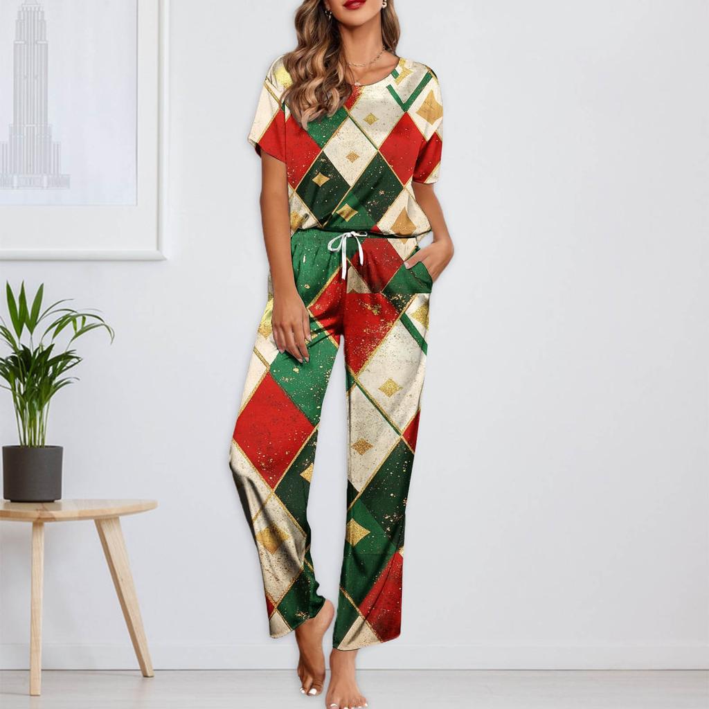 Ayollar uchun muz ipakli satin Rojdestvo printli pajama to'plami, qisqa yengli ko'ylak va uzun pajama shimlari to'plami, yumshoq uy kiyimi