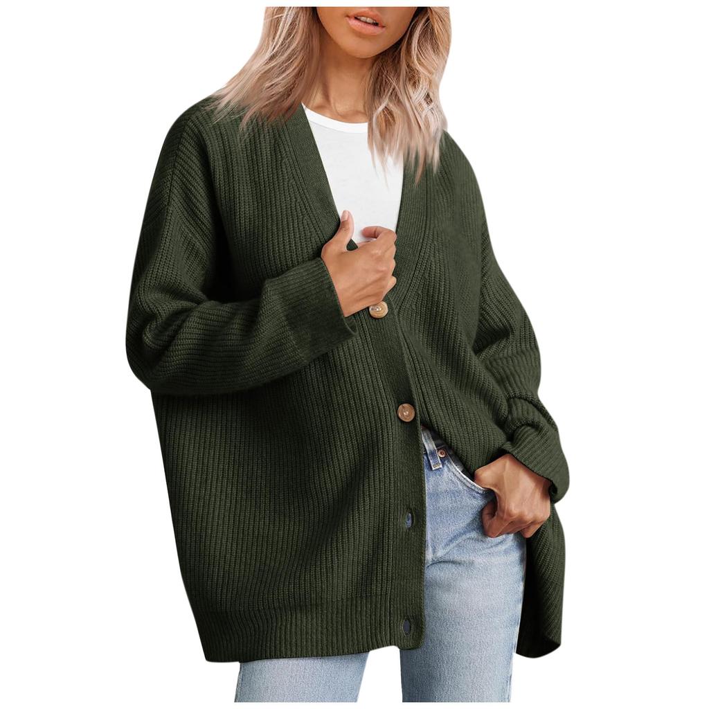 Women's Cardigan Front Oversized Button Lightweight Sweater V Neck Loose Cardigan Knitted Jacket