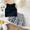 Girls Summer Love Heart Vest Plaid Cake Skirt Two Piece Set Stylish Princess Children's Clothing Set