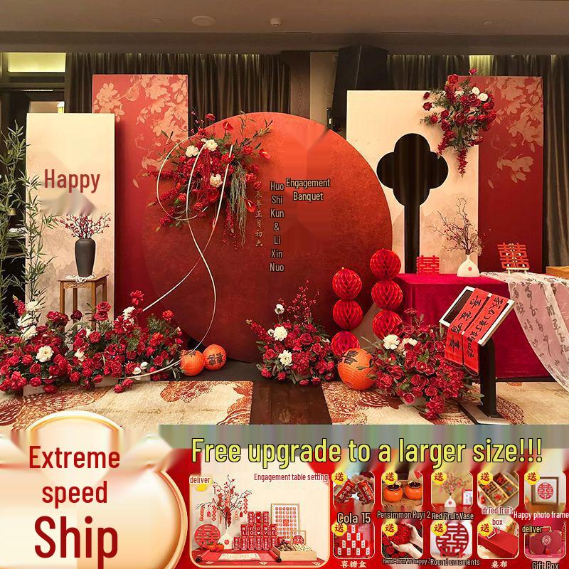 Chinese Wedding Banquet Decoration Set with Engagement Backdrop and Tabletop Ornaments