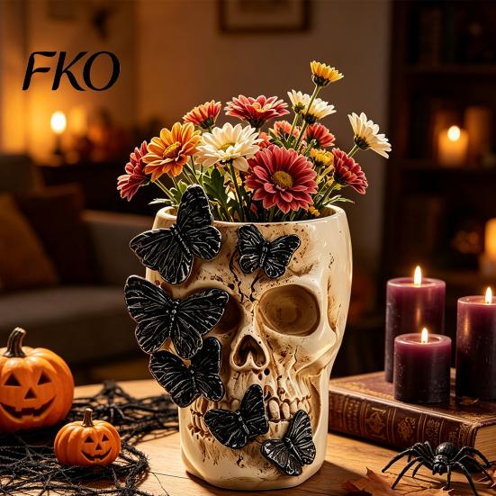 Artistic Pencil Cup Black Butterfly Skull Vase, Resin Skeleton Pen Holder, Gothic Flower Creepy Desktop Organizer Arrangement Container, Creative for