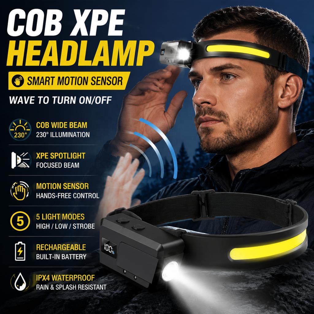 Rechargeable LED Headlamp with Motion Sensor Hand Wave On/Off 5 Lighting Modes Headlight for Camping, Hiking & Outdoor Use