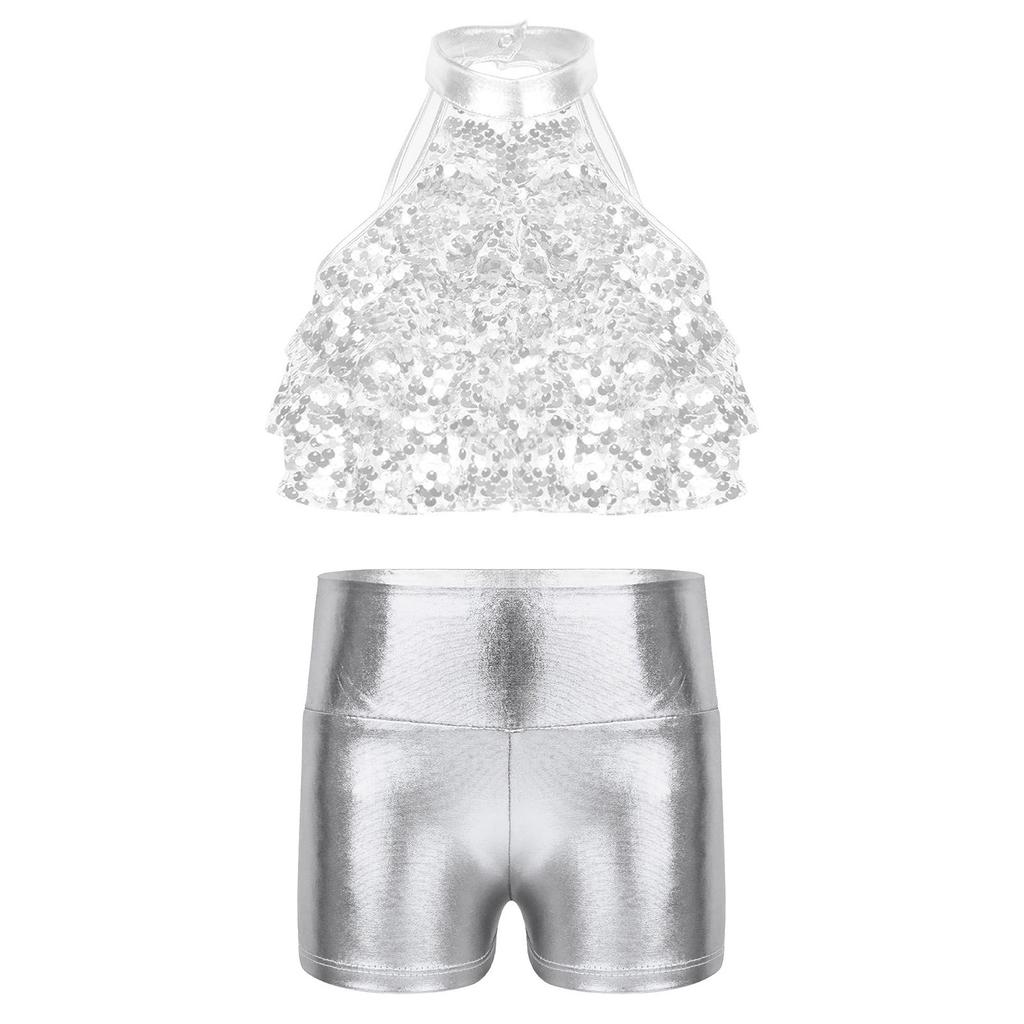 Girls Mock Neck Sleeveless Sequin Crop Top Tiered Shiny Metallic Shorts Stage Dance Outfit