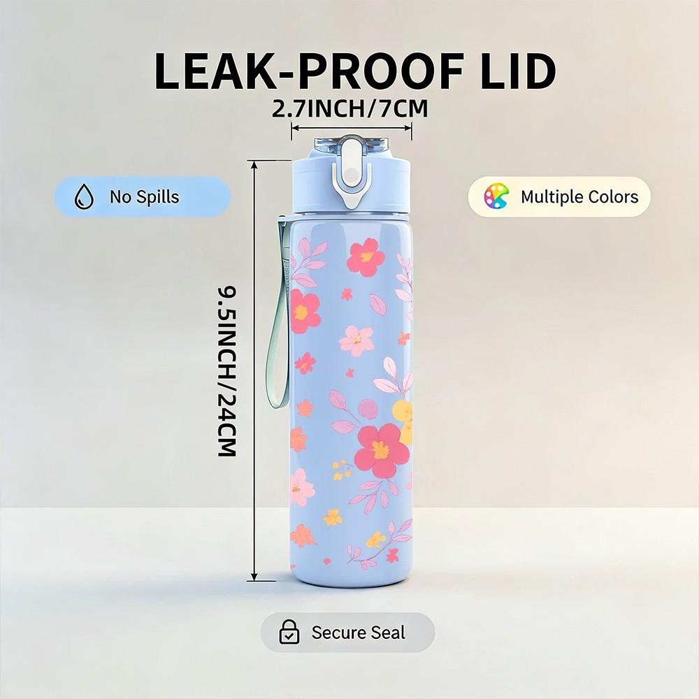 1PC Pastel Pink Floral 750ml Color Plastic Sports Water Bottle Leakproof Flip Straw Lid Suitable for Sports Office Home Use