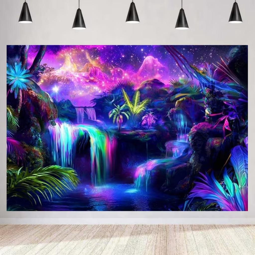 Colorful Sparkling Animals and Scenery Backdrop Coconut Tree Starry Sky Universe Banner living Room Decoration Photography Prop