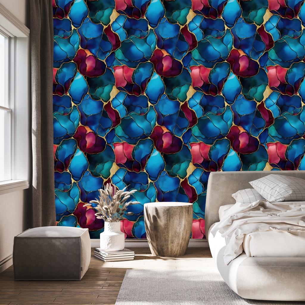 Wallpaper Ink navy blue, turquoise, blue and burgundy 50x1000