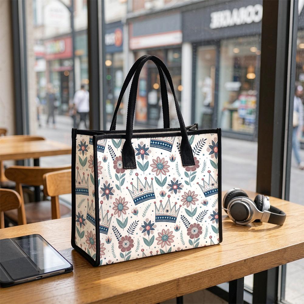 Floral Crown Print Tote Bag Casual Large Capacity Shopping Handbag for Daily Use