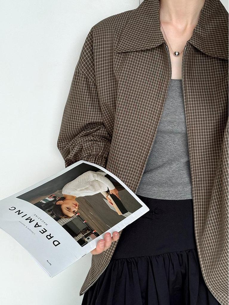 Оранжевое укороченное пальто Zhi в стиле ретро с лацканами в гусиную лапку - Универсальный осенний стиль