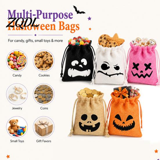 Themed Event Goodie Bags 5Pcs Halloween Candy with Drawstring, Funny Ghost Pumpkin Print Gift Pouches Portable Holders for Party Favors And