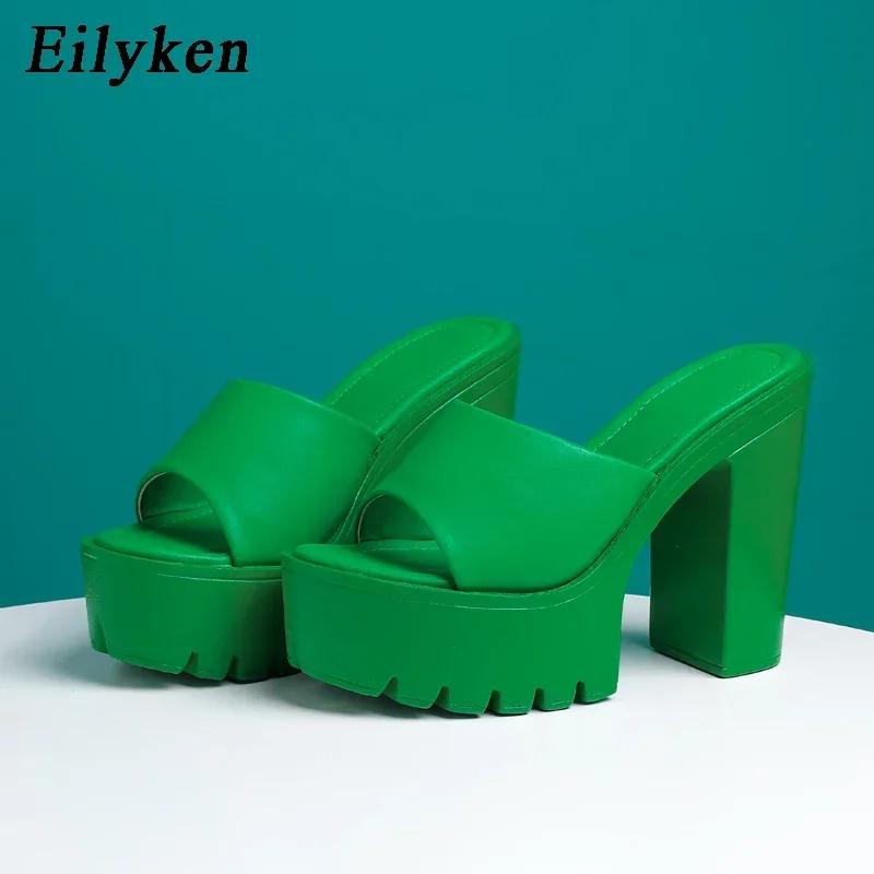 Fashion Eilyken Summer Fashion Women's Slippers Banquet Nightclub Platform Chunky High Heels Slide Mule Shoes Green White Sandals