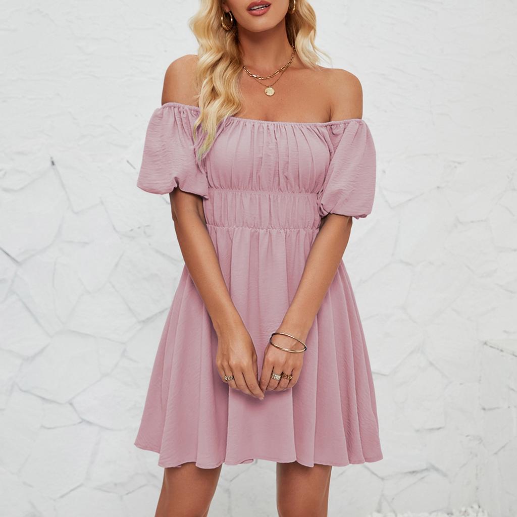 Женское модное однотонное платье с одной линией выреза и короткими рукавами, темпераментное плиссированное платье с высокой талией