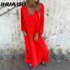 Spring and Autumn Casual Loose V-neck Solid Color Women's Lantern Sleeve Dress