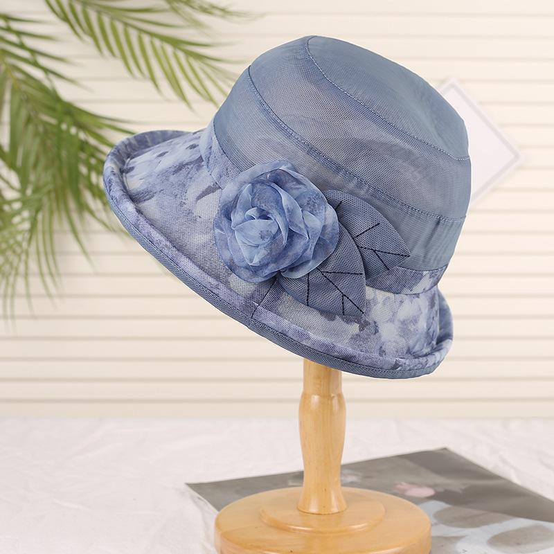 Medium-sized elderly hat women's mesh thin summer outdoor organza mother cool hat sun protection sun hat curled flower