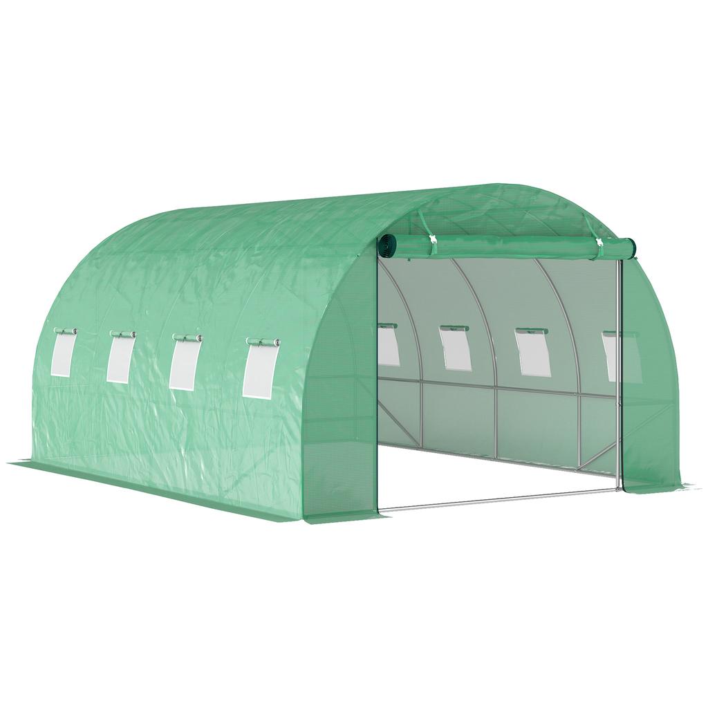 Tunnel Greenhouse, 3 x 4 x 2 m, Roll-Up Door, Large Windows, Galvanized Steel and PE, Green