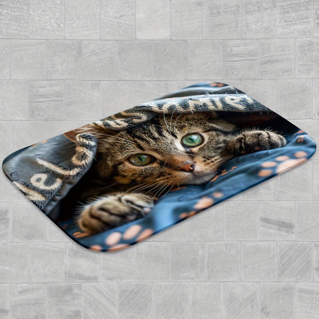 1Pcs Cat Peeking Under Mat with Paw Floor Mat Modern Kitchen Polyester Rug Non-Slip Colorful Indoor Carpet, For Home Bathroom Bedroom Living Room