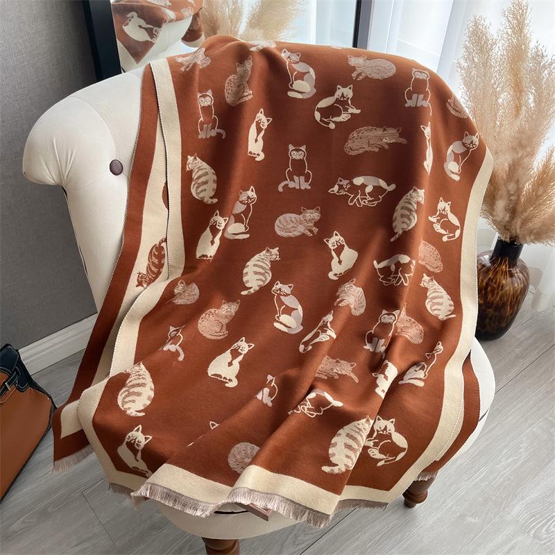 Winter Cashmere Scarf Women Luxury Cat Print Female Shawl Wrap Scarves Lady Thick Warm Blanket Gift Echarpe Pashmina