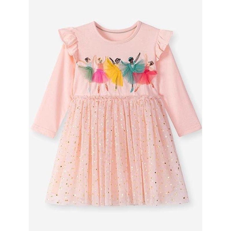 Girls' Dress European and American Style Pink Elf Mesh Children's Cartoon Cotton Spring and Autumn Knitted Princess Dress