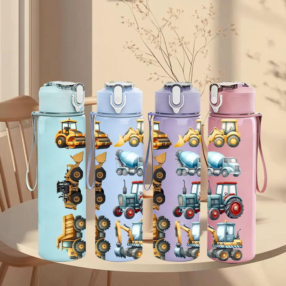 1PC Diverse Construction Vehicle Group Print 750ml Color Plastic Sports Water Bottle Leakproof Flip Straw Lid Suitable for Sports Office Home Use