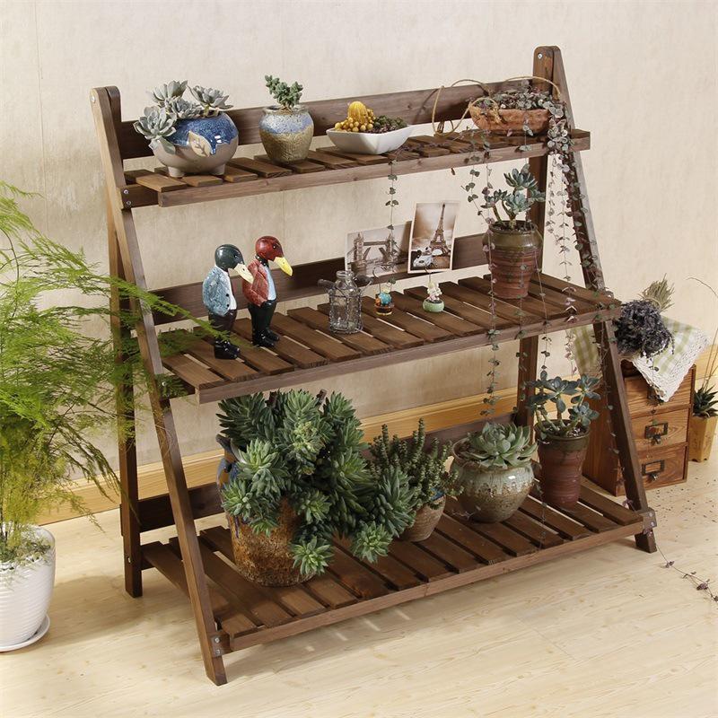 Extra Long Foldable Three-Tier Solid Wood Shelf for Plants, Books, Groceries, DVDs, & More