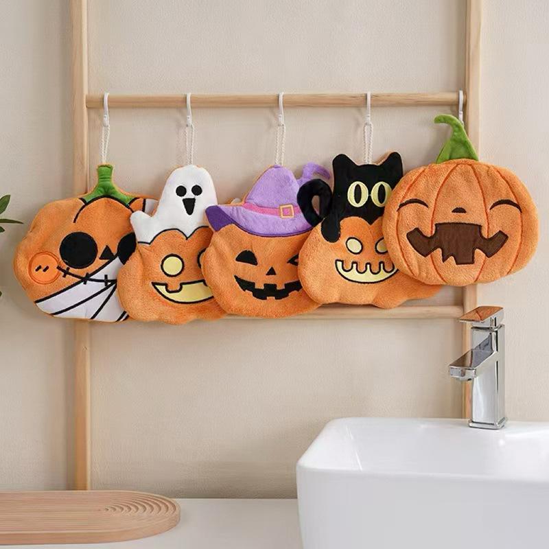 Cute Halloween Pumpkin Coral Velvet Kids Hand Towels Water-absorbing Quick-dry Towels Hanging for Kitchen Bathroom Holiday Gift