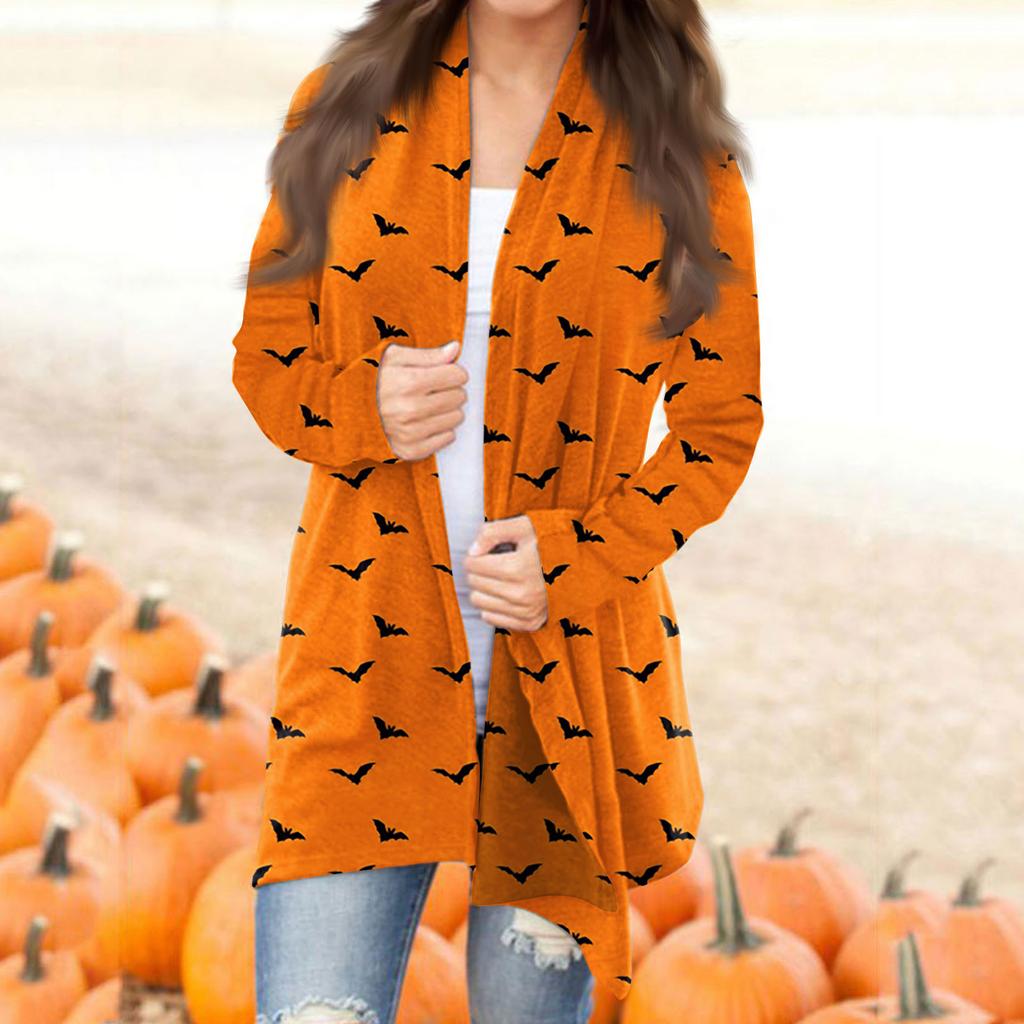 Women's Fashion Casual Halloween Printed Long Sleeve Mid-Length Cardigan Jacket
