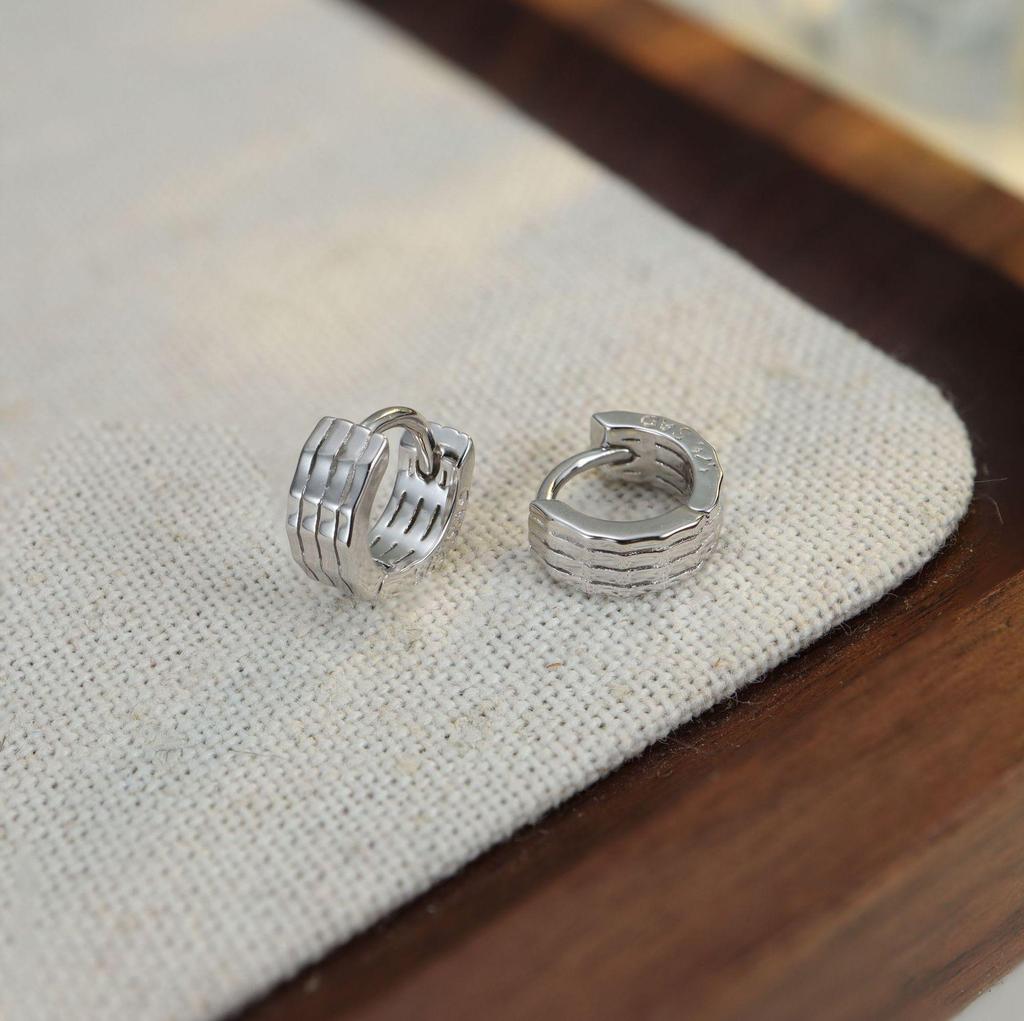 S925 Sterling Silver Striped Ear Cuffs Versatile Small Hoops
