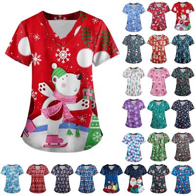Женские топы с коротким рукавом и v-образным вырезом, рождественские топы с мультяшным рисунком, рабочие футболки с карманами, непозиционирующийся принт
