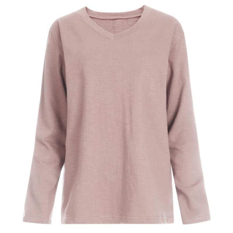 Shop Women Basic V Neck Slub CoTTon Long sleeVe T shirT whiTe Dai Wsh 1056