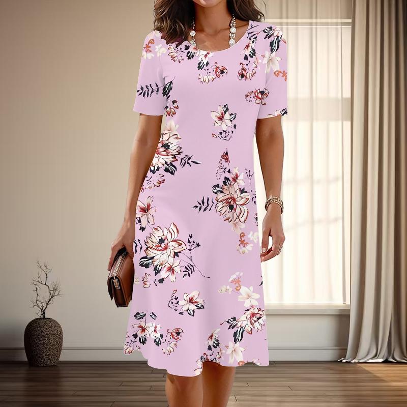 Женская мода изящный цветочный принт лето весна короткий рукав О-образный вырез повседневные платья