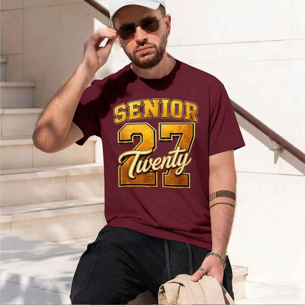 Senior Gold Varsiy Design Cl Of 2027 Graduaes T-Shir Summer Shor-Sved Breahable Swea-Wking Versaile Rendy 2026 New Model Short-s