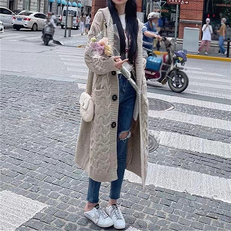 Women's Hooded Mid-Length Knitted Sweater Cardigan Jacket for Autumn & Winter - Loose, Thick, Fashionable with Pockets.