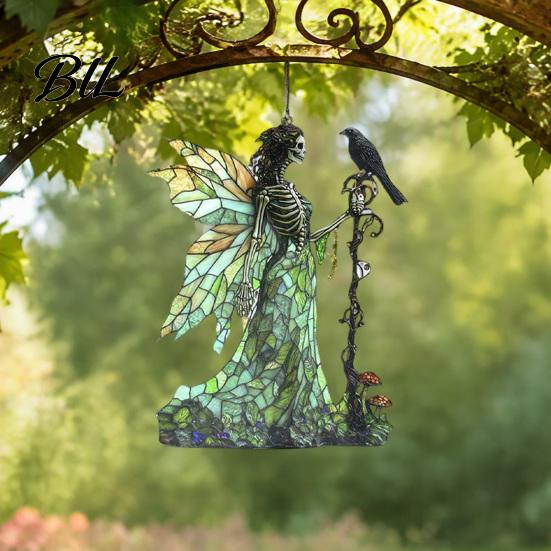 Decorative Hanging Ornaments Stained Glass Style Skeleton Fairy Window Suncatcher, Acrylic Ornament with Butterfly Wings Office Decorations for Living