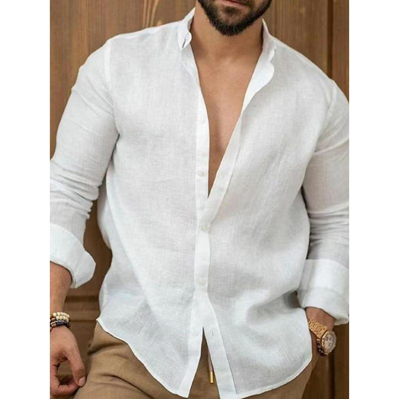 Men's Cotton Linen Long Sleeve Shirt Solid Relaxed Fit Casual Everyday Button Up Top